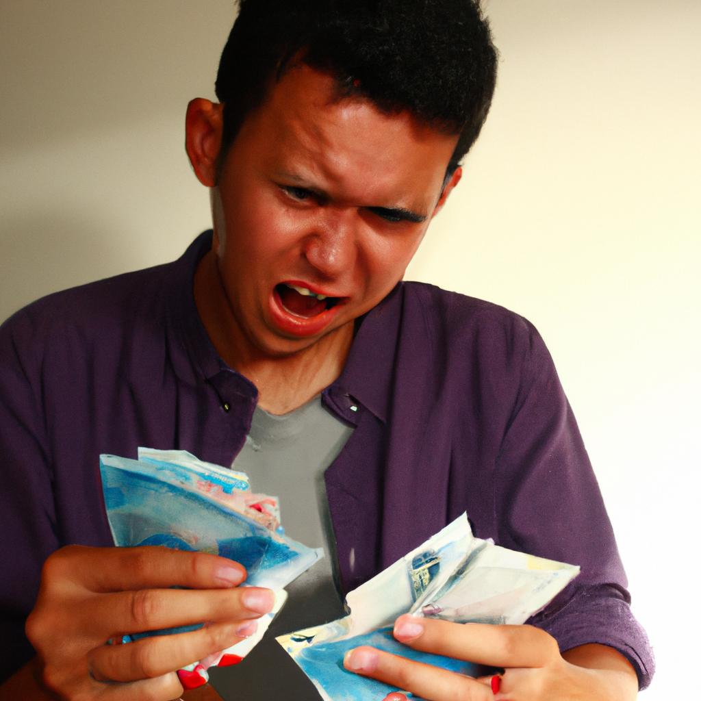 Person counting money, stressed expression