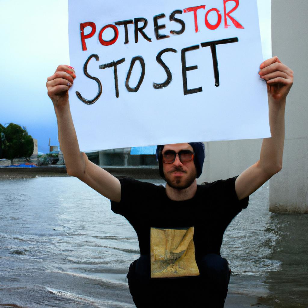 Man holding protest sign, demonstrating
