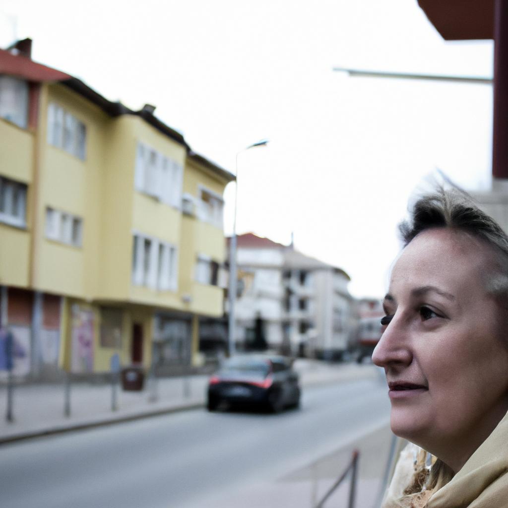 Woman observing city street life